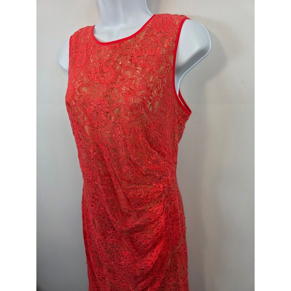 Vince Camuto Peach Floral Lace Ruched Sheath Dress Lined Sleeveless Size 12 /R29 - Picture 2 of 8